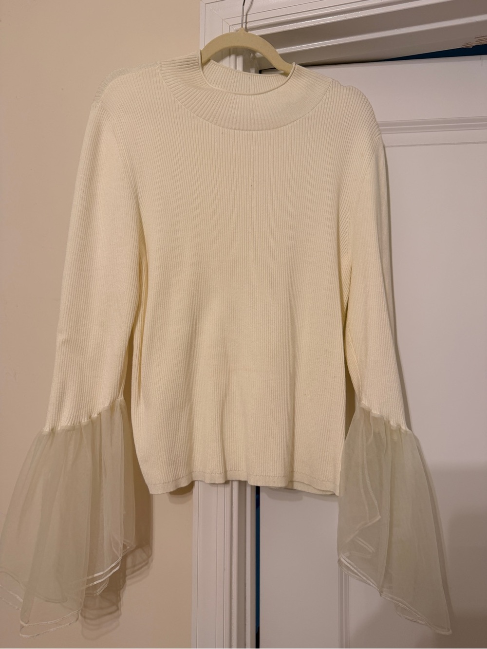 Anthropologie Cream Ribbed Turtleneck Sweater with Sheer Bell Sleeves